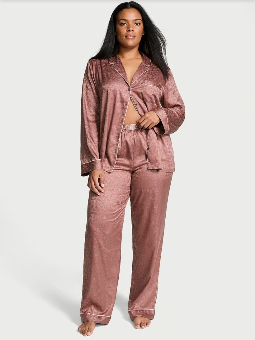 Victoria's Secret Glazed Satin Dew Drop Long Pajama Set Women's Medium VTG Rose